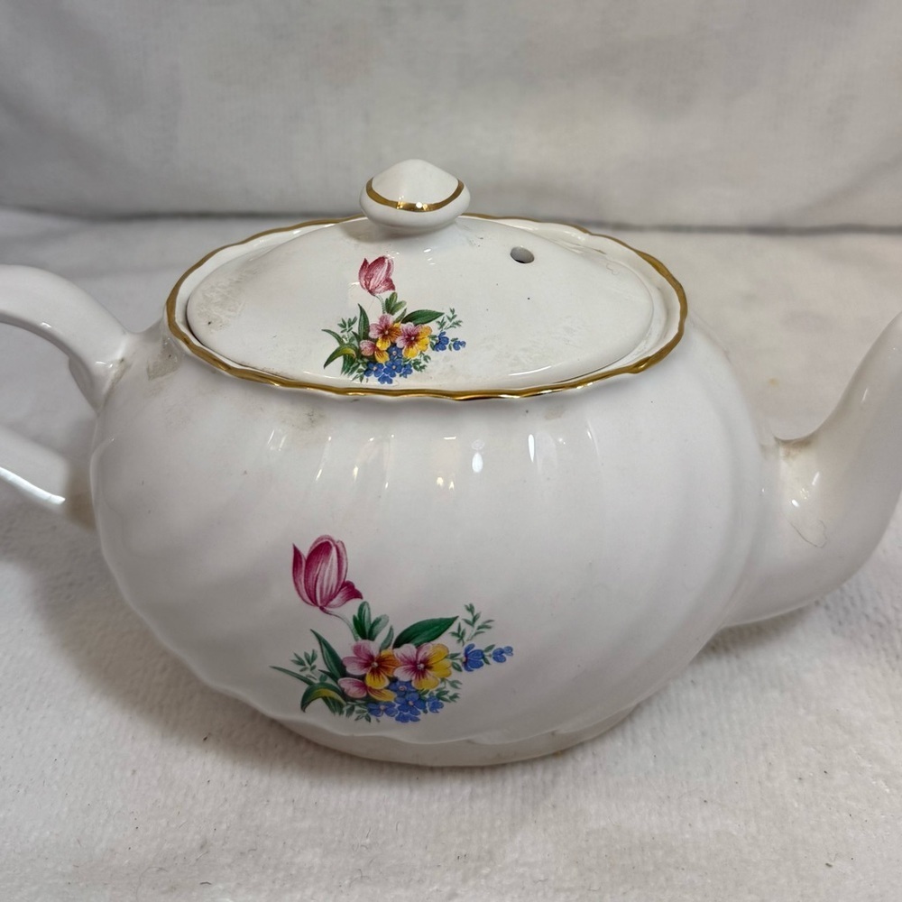 Arthur Wood and Sons Floral White Teapot with Gold Trim